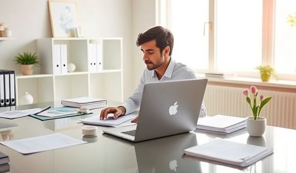 Pessoa utilizando calculadora IRPF no computador para planejamento financeiro