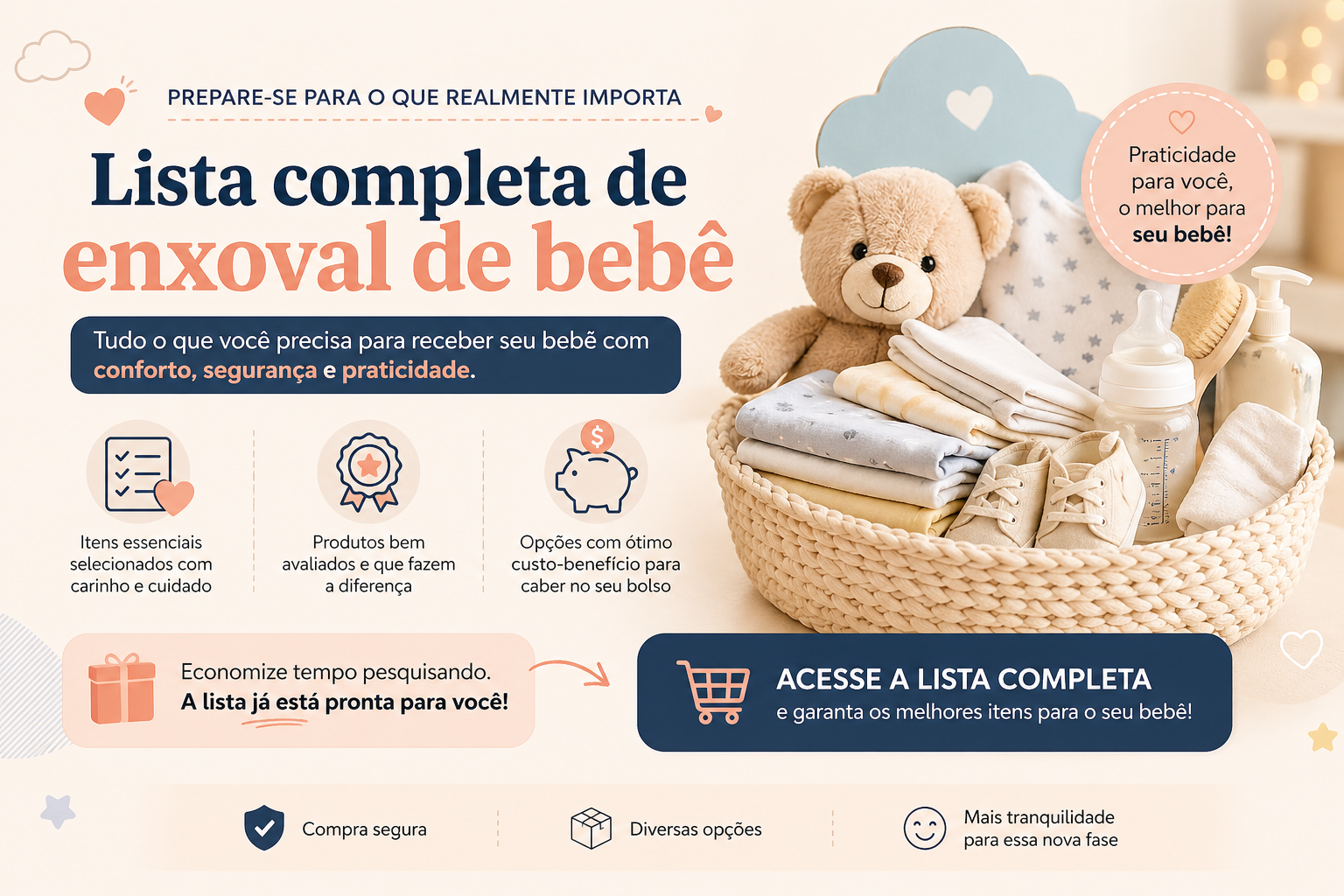 Lista completa de enxoval de bebê: itens essenciais, custo-benefício e praticidade. Acesse a lista pronta para você.