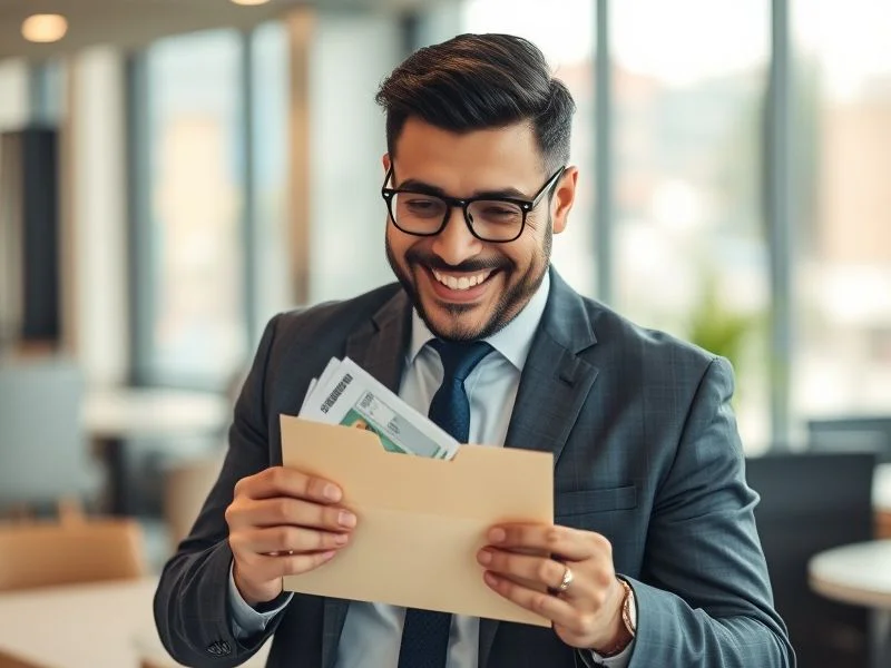 Profissional brasileiro recebendo 13º salário em duas parcelas com celebração de ganho extra anual