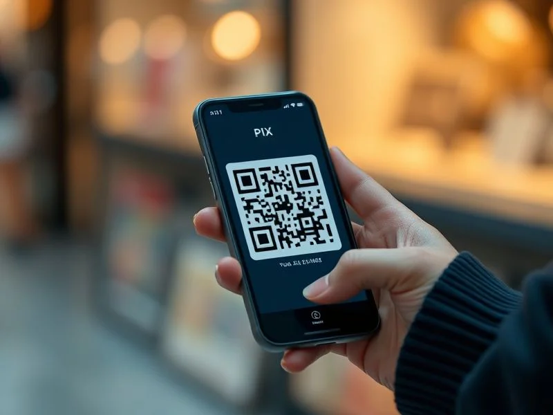 Smartphone com app bancário exibindo QR Code PIX para recebimento de pagamentos e transferências