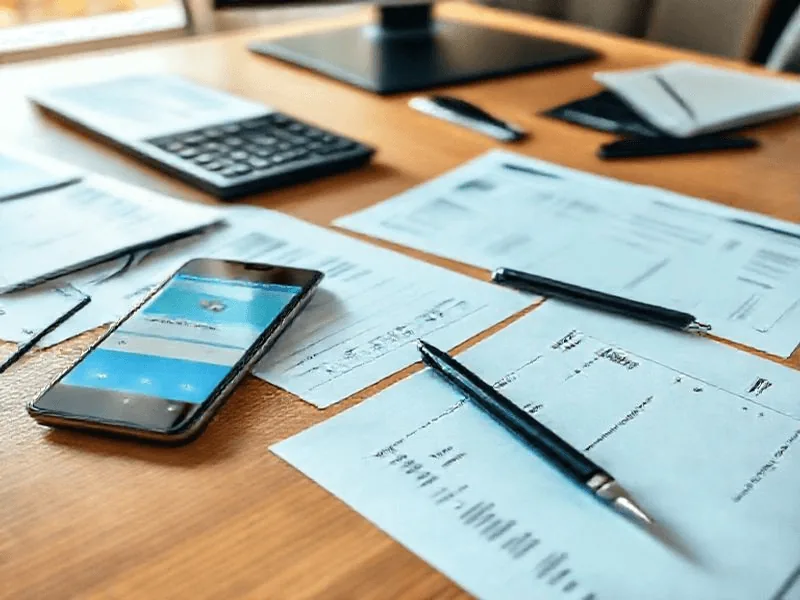 Empresário analisando fatura e documentos financeiros no escritório